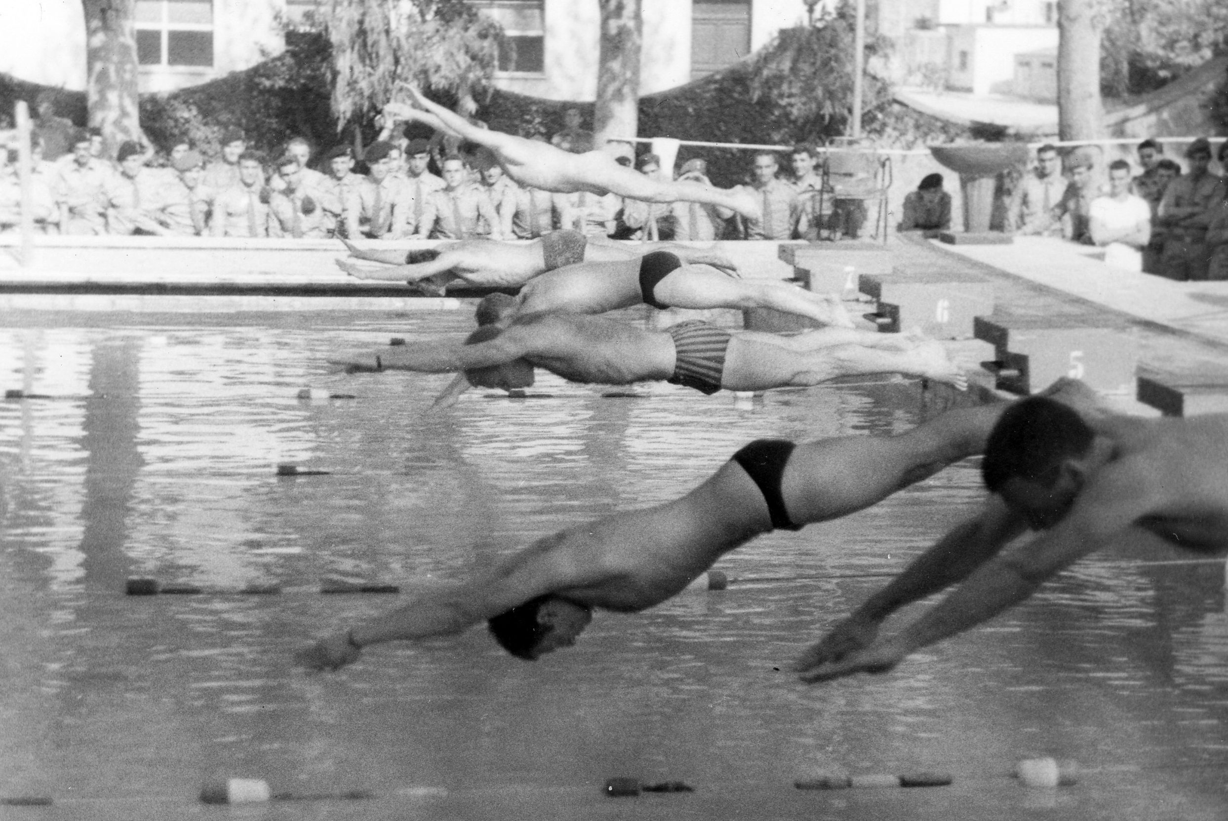 Taking off after the starting gun is fired for the 800 meter free stile race